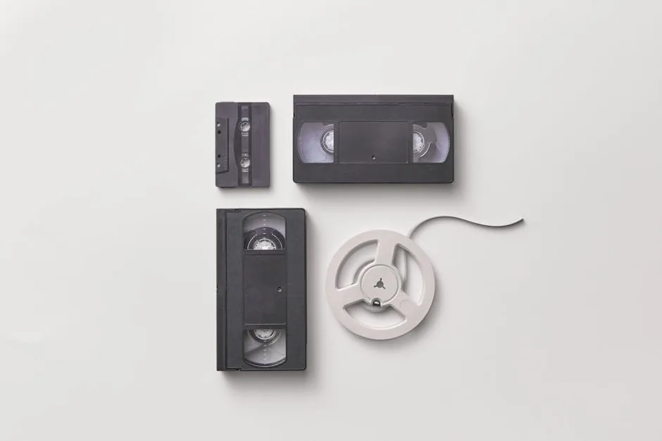 Collection of vintage audio and video tapes including VHS and cassette on a white background.